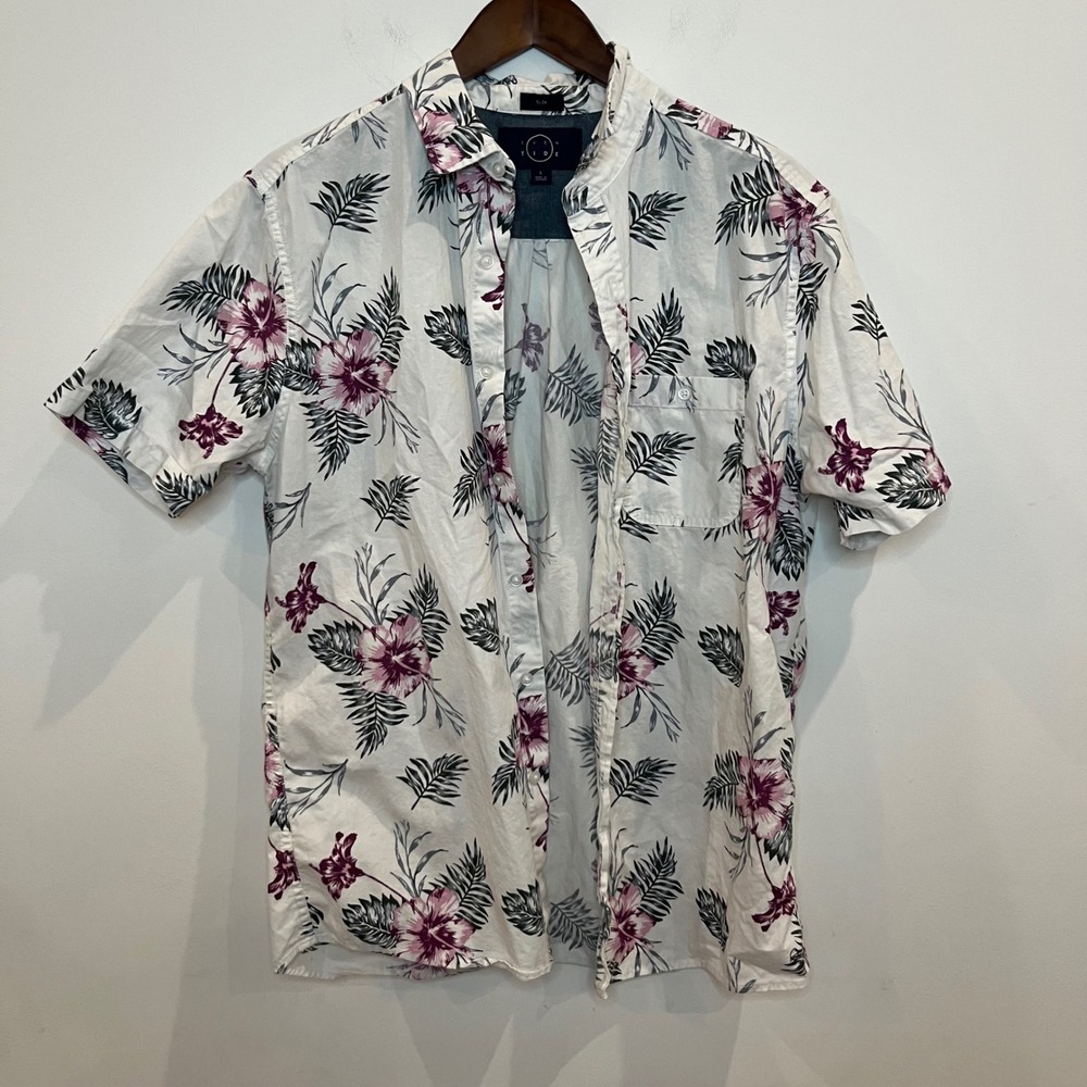 Even Tide Mens Slim Fit Tropical Floral Short Sleeve Button Down Shirt Large